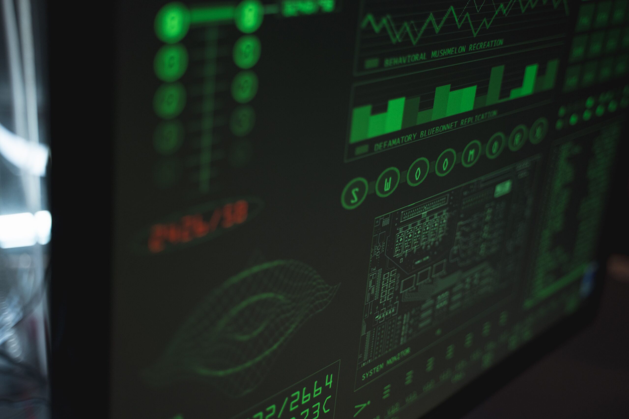 Primer plano de una pantalla de ordenador con interfaces de código verde, representando los componentes técnicos de un malware.