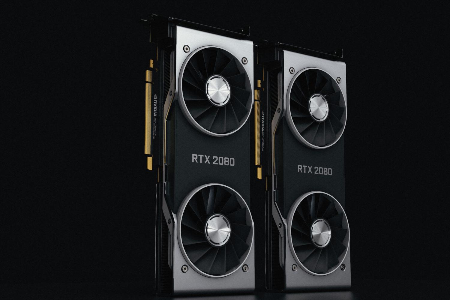 Dos tarjetas gráficas NVIDIA GeForce RTX 2080 Founders Edition, hardware emblemático de la serie 20.