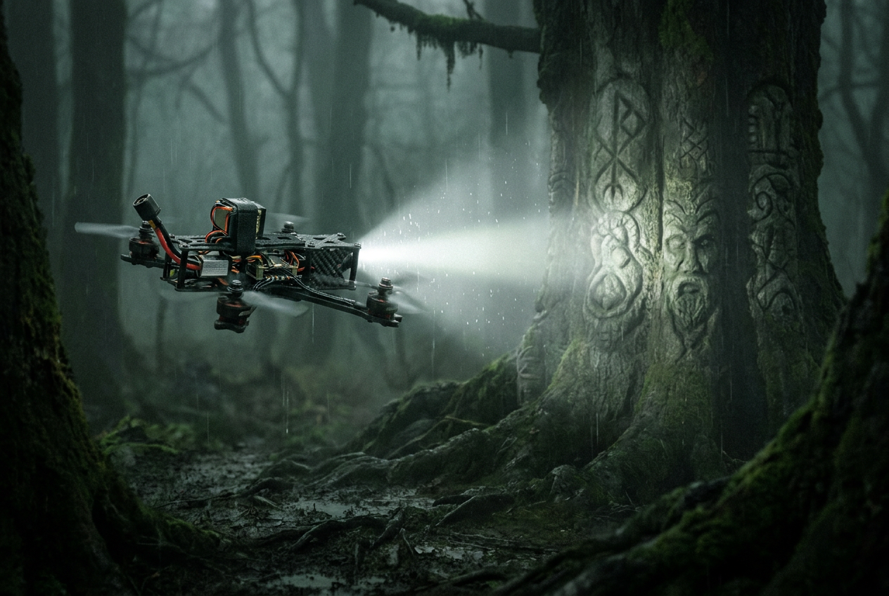Dron táctico futurista sobrevolando un bosque brumoso y oscuro, iluminando grabados antiguos en los árboles.