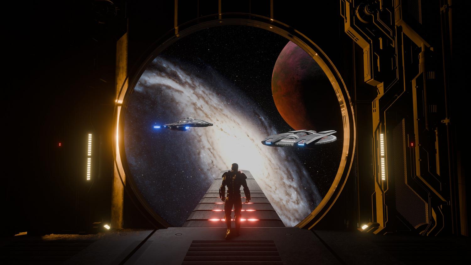 Puerta de embarque espacial futurista con naves espaciales, representando la exploración galáctica de Stellar Odyssey