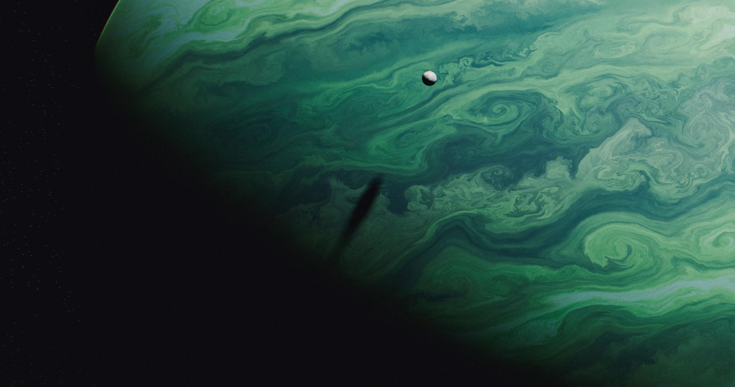 Representación artística de un planeta alienígena con patrones verdes, ideal para temas de ciencia ficción espacial