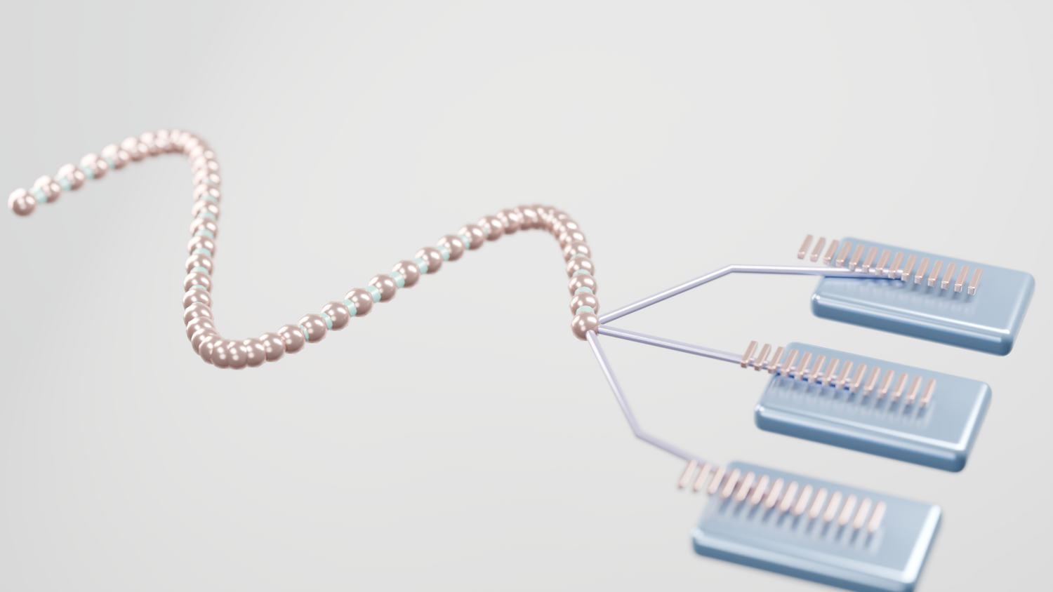 Representación abstracta 3D de flujos de datos y redes, ideal para ilustrar la virtualización de redes y SDN.