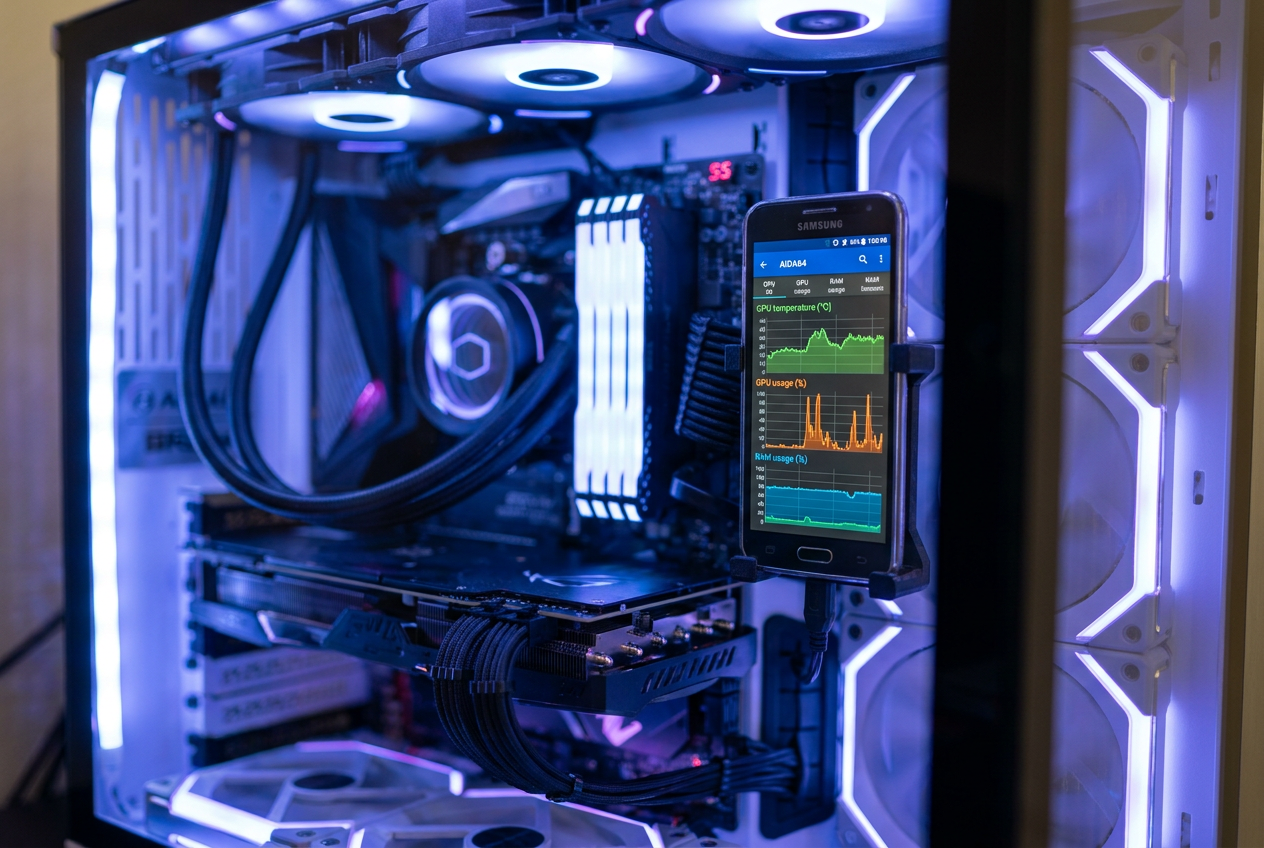 Fotografía profesional de un PC gaming con un smartphone antiguo integrado en la caja como panel de control de estadísticas de hardware (temperaturas y CPU).
