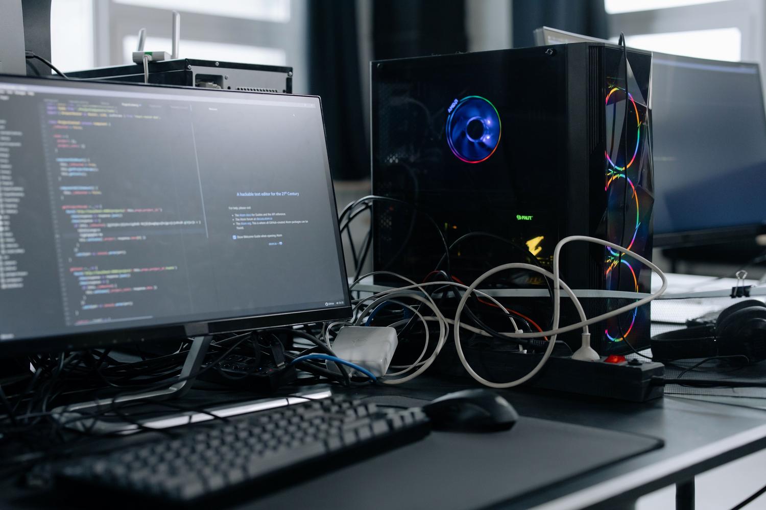 Estación de trabajo profesional con torre PC y monitores mostrando código de programación.
