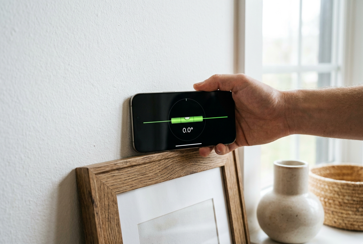 Uso de un iPhone como nivel de burbuja digital para colocar un cuadro perfectamente recto en la pared.
