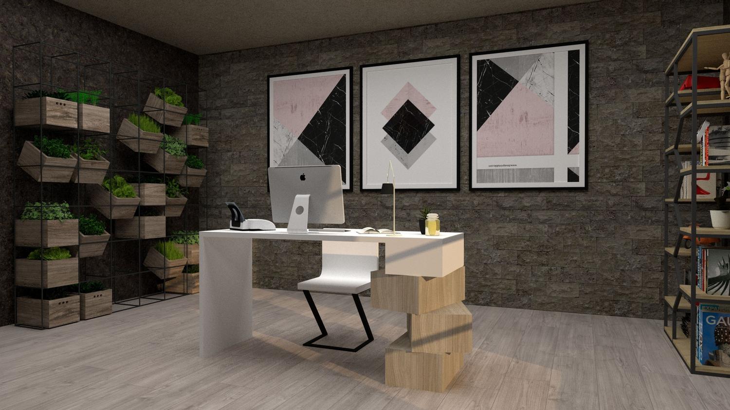 Rincón de trabajo estilo aesthetic con decoración moderna, plantas y luz natural.