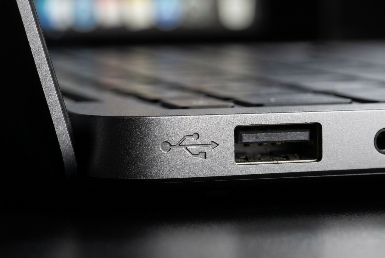 Primer plano macro del símbolo del tridente USB grabado en el puerto de un portátil moderno, destacando el círculo, el cuadrado y el triángulo.