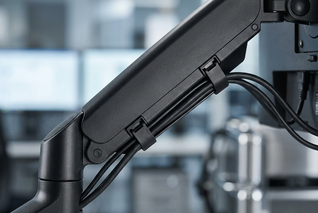 Detalle del sistema de gestión de cables integrado en los brazos de un soporte ergonómico para monitores, manteniendo el escritorio limpio.