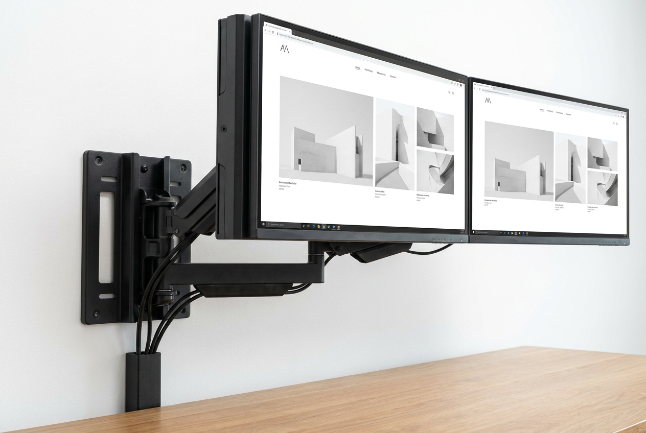 Soporte para dos monitores anclado a la pared con brazos articulados, liberando totalmente la superficie de la mesa de trabajo.