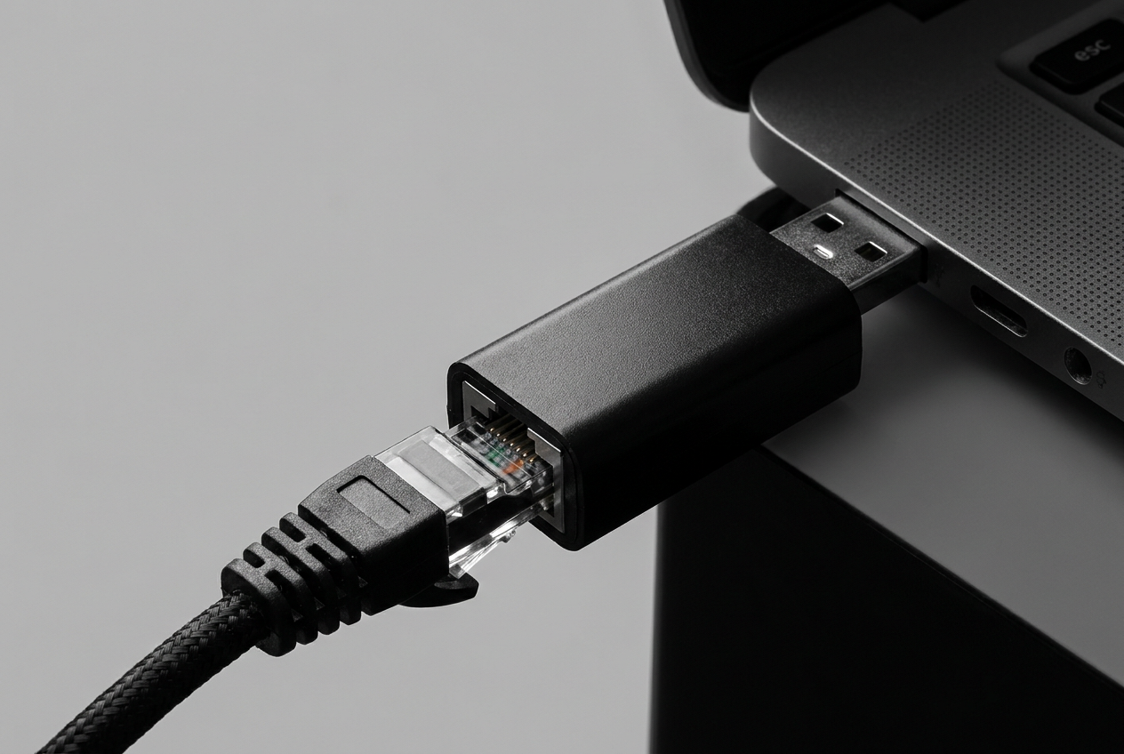 Adaptador de USB a Ethernet conectado con un cable de red para asegurar estabilidad en videollamadas.
