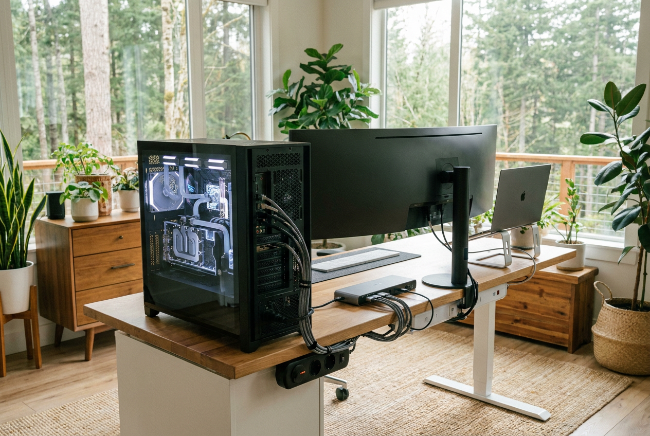 Espacio de trabajo moderno y limpio con hardware de conectividad en un escritorio de oficina en casa.