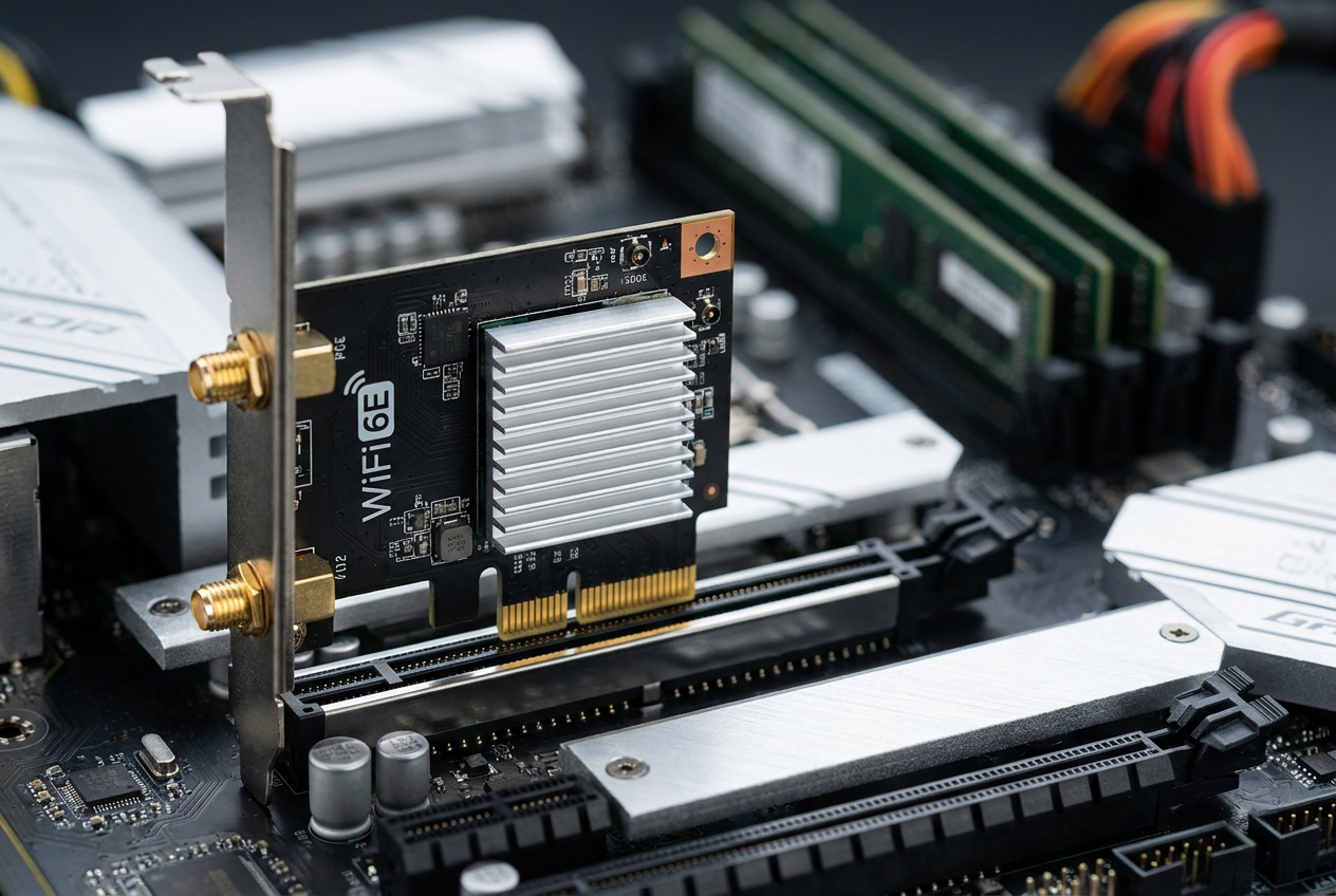 Tarjeta de red WIFI PCIe instalada en la placa base de un ordenador para una conexión más estable.