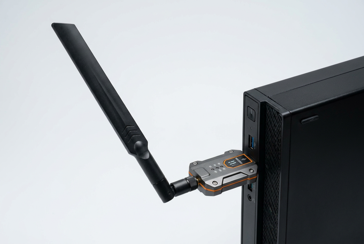 Adaptador WIFI USB de alta potencia con antena externa conectada a un PC de sobremesa.