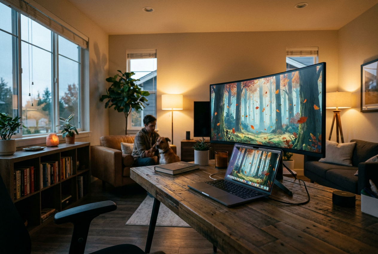 Espacio de trabajo acogedor con monitor y portátil mostrando un fondo animado de bosque otoñal en alta resolución