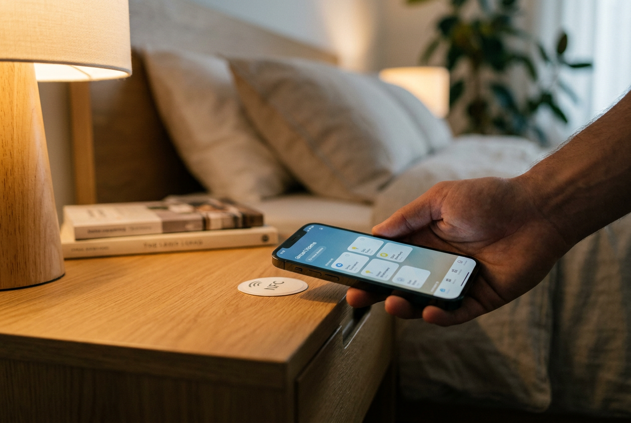 Mano acercando un teléfono móvil a una etiqueta NFC programable pegada en una mesita de noche para automatización