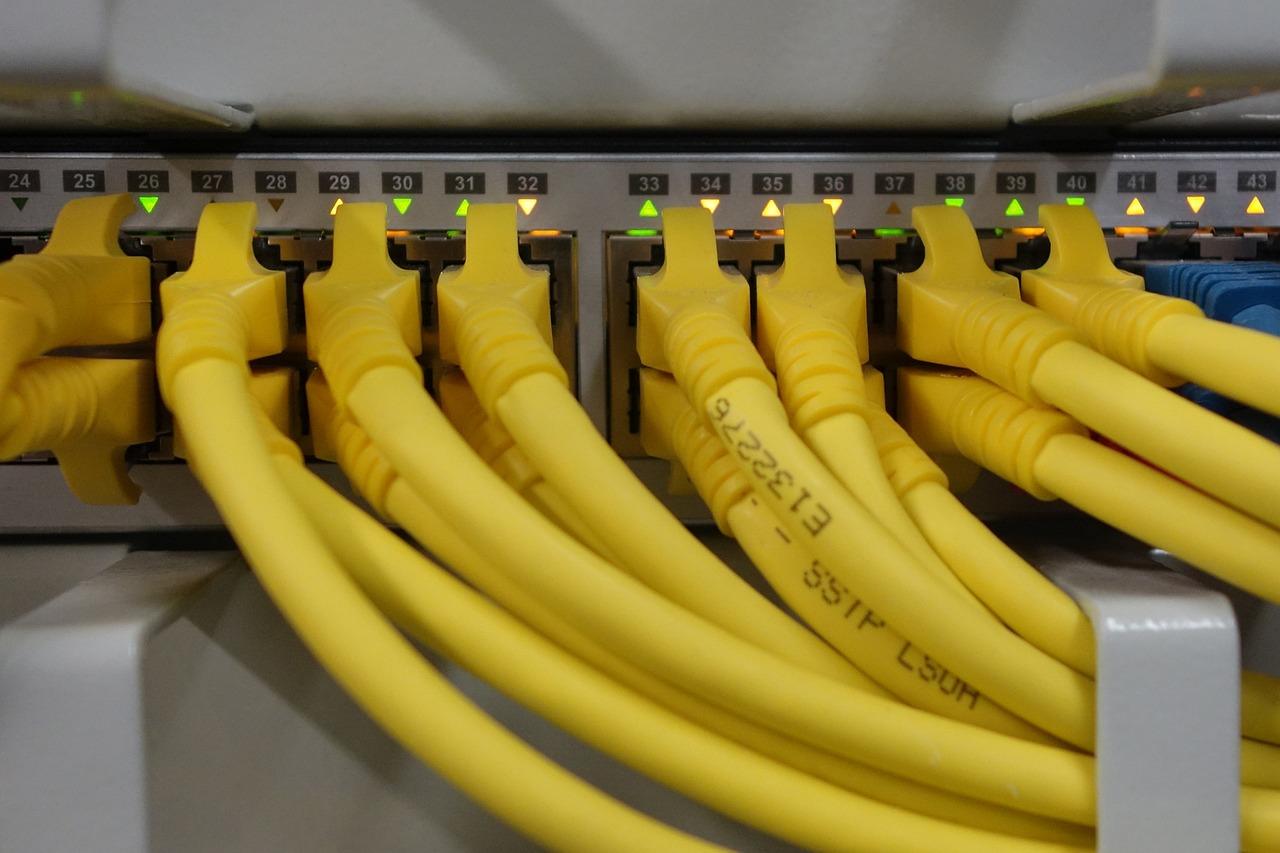 Cables de red RJ45 conectados a un switch, ilustrando la capa física por donde viajan los paquetes del protocolo NTP.