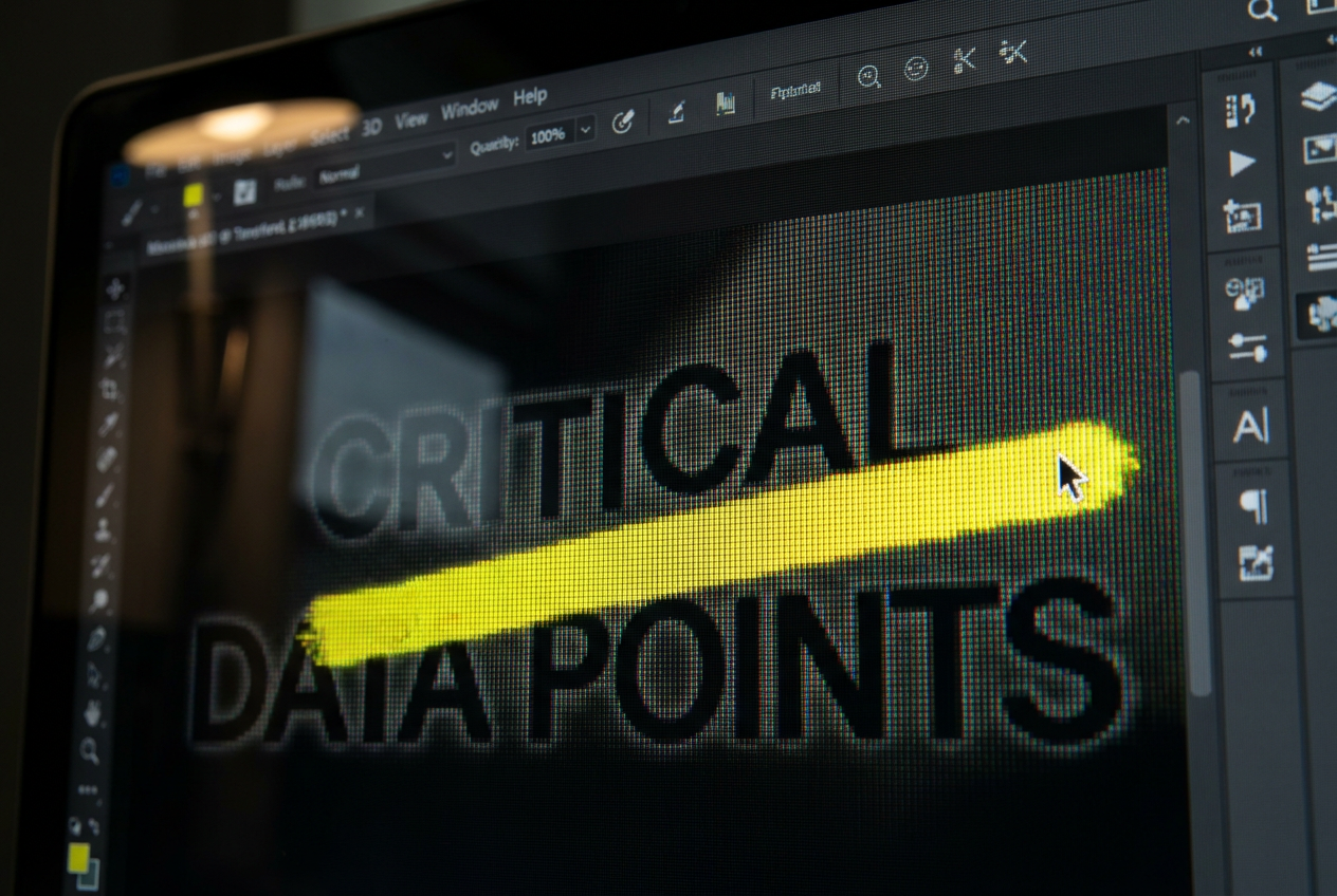 Primer plano detallado de un monitor de computadora donde se aprecia un cursor digital resaltando texto mediante un marcador amarillo brillante.