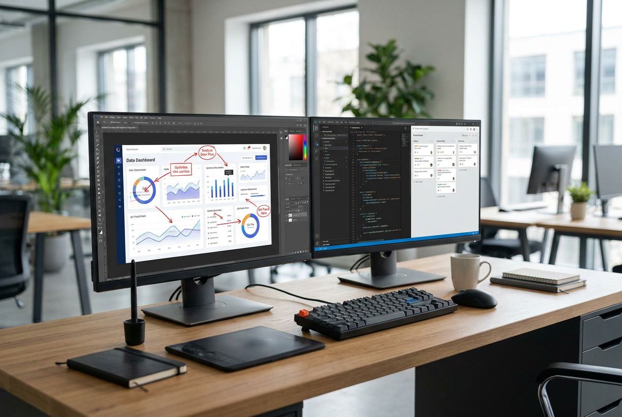 Entorno de oficina moderno con configuración de doble monitor, uno de ellos mostrando un dashboard con diversas anotaciones profesionales como cuadros y burbujas de texto.