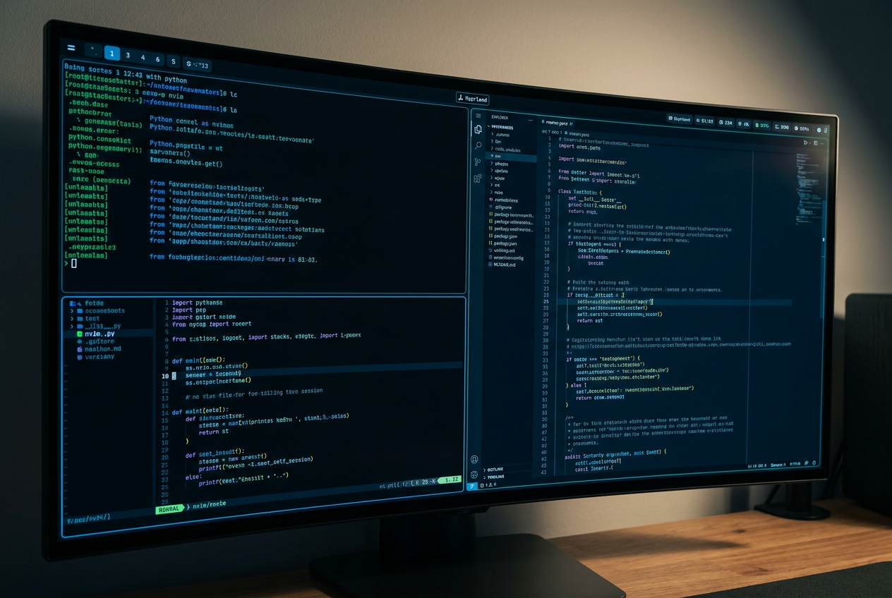 Primer plano de una pantalla de ordenador mostrando un gestor de ventanas en mosaico (Tiling Window Manager) con terminales y código organizados en cuadrícula.