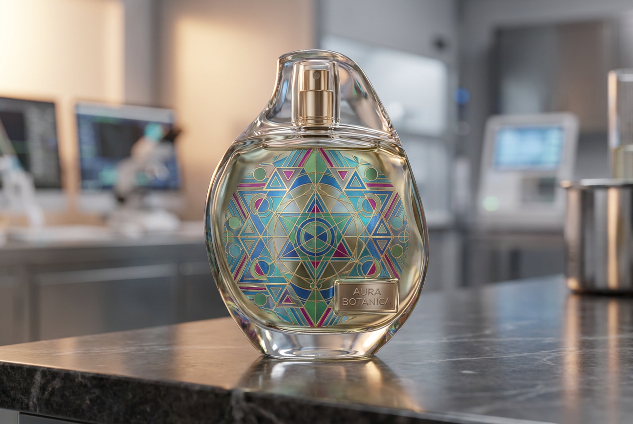Botella de perfume de lujo con forma orgánica y un patrón geométrico colorido impreso directamente sobre el cristal curvo.