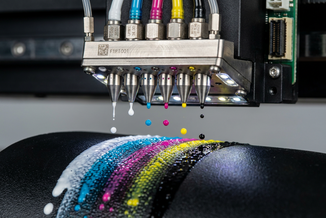 Primer plano detallado de un cabezal de impresión industrial aplicando tinta blanca y colores CMYK sobre una superficie plástica curva negra.