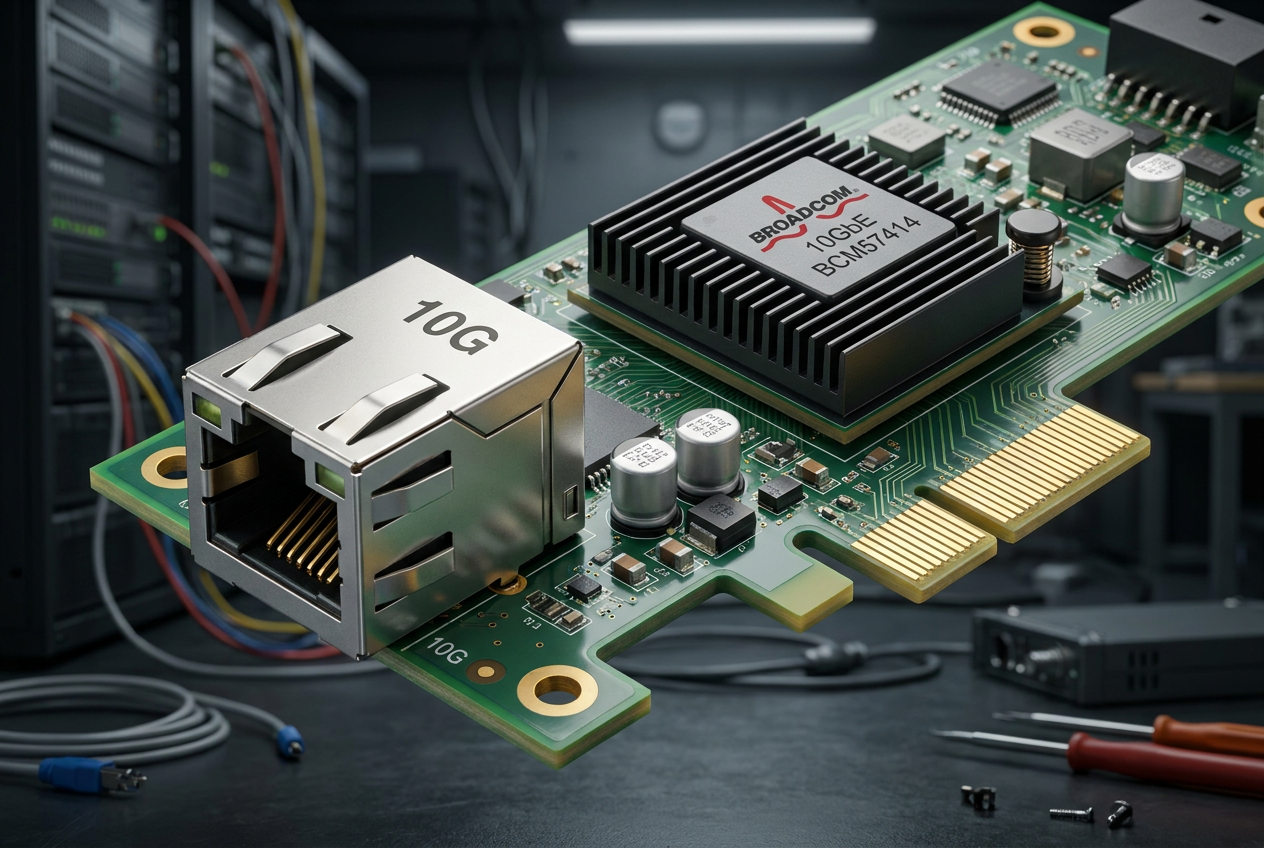 Tarjeta de red PCIe 10GbE con puerto RJ45 y disipador térmico, hardware esencial para conectar ordenadores a velocidades de 10 Gigabits.