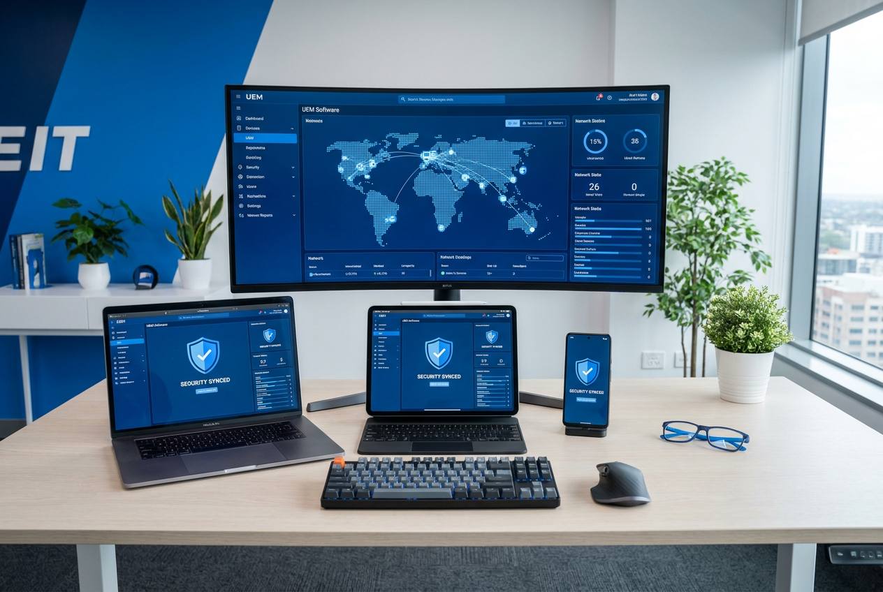 Espacio de trabajo de un administrador de TI con un monitor mostrando un panel de control de Gestión Unificada de Endpoints (UEM) y dispositivos corporativos sincronizados.